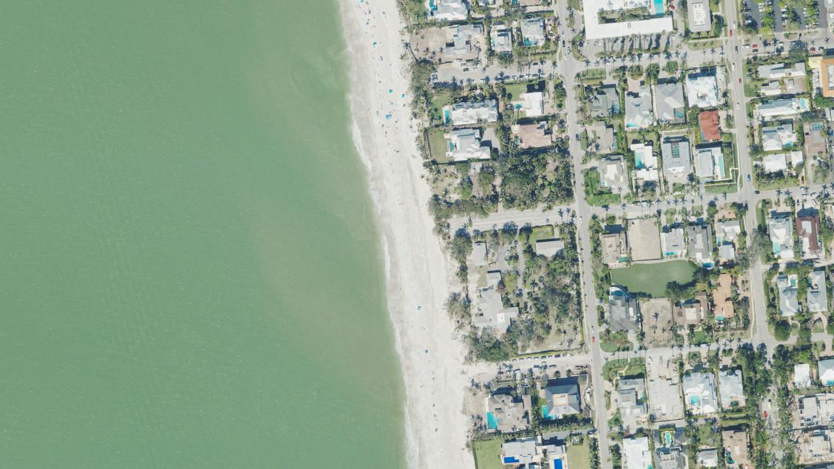 Aerial view of 14th Avenue South Beach in Naples, Florida, shoreline and surroundings, USDA NAIP imagery from May 2023