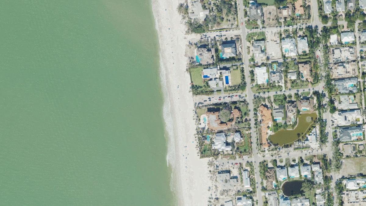 Aerial view of 16th Avenue South Beach in Naples, Florida, shoreline and surroundings, USDA NAIP imagery from May 2023