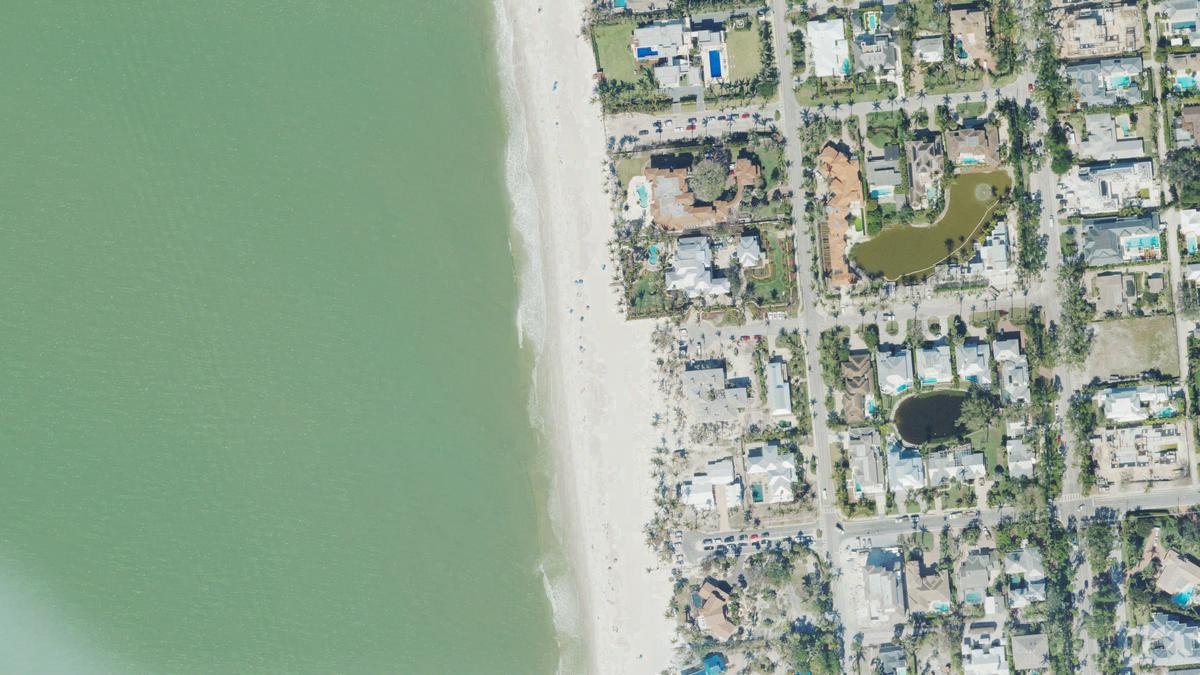 Aerial view of 17th Avenue South Beach in Naples, Florida, shoreline and surroundings, USDA NAIP imagery from May 2023
