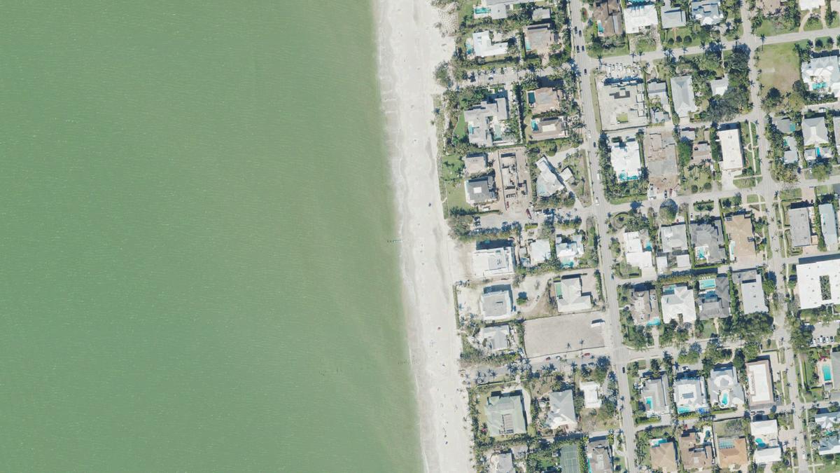 Aerial view of 2nd Avenue South Beach in Naples, Florida, shoreline and surroundings, USDA NAIP imagery from May 2023