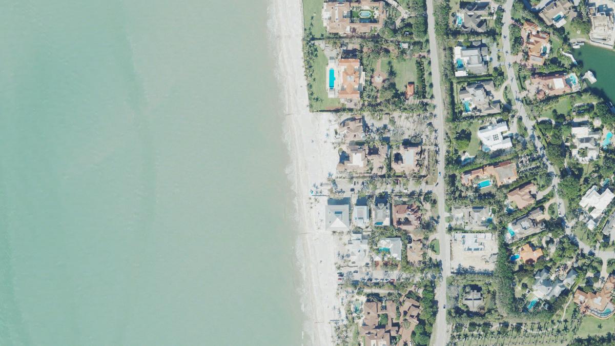 Aerial view of 32nd Avenue South Beach in Naples, Florida, shoreline and surroundings, USDA NAIP imagery from May 2023