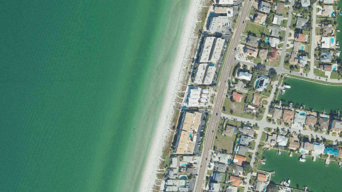 Aerial view of Belleair Beach in Clearwater, Florida, shoreline and surroundings, USDA NAIP imagery from May 2023