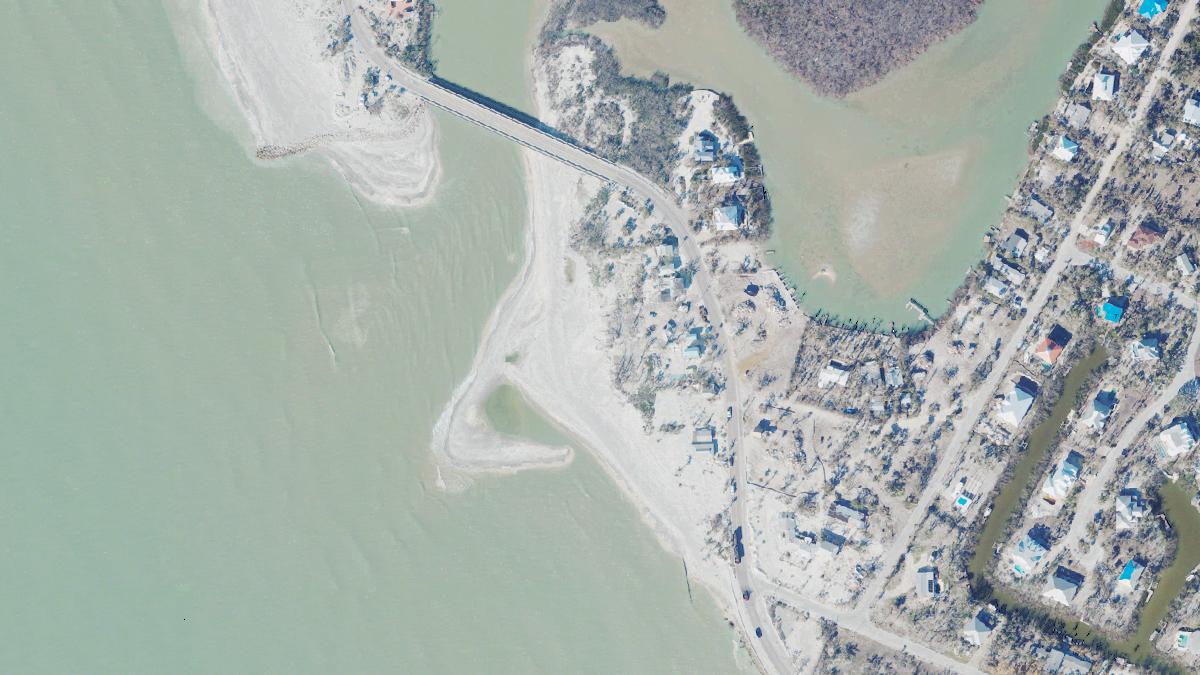 Aerial view of Blind Pass Beach in Sanibel, Florida, shoreline and surroundings, USDA NAIP imagery from May 2023