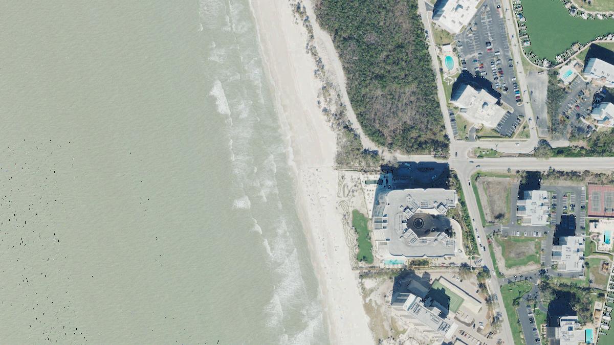 Aerial view of Bluebill Beach in Florida, shoreline and surroundings, USDA NAIP imagery from May 2023