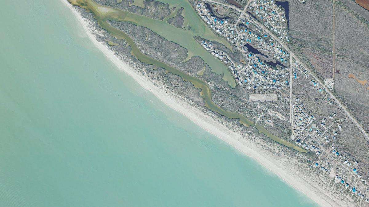 Aerial view of Bowman's Beach Park in Sanibel, Florida, shoreline and surroundings, USDA NAIP imagery from May 2023