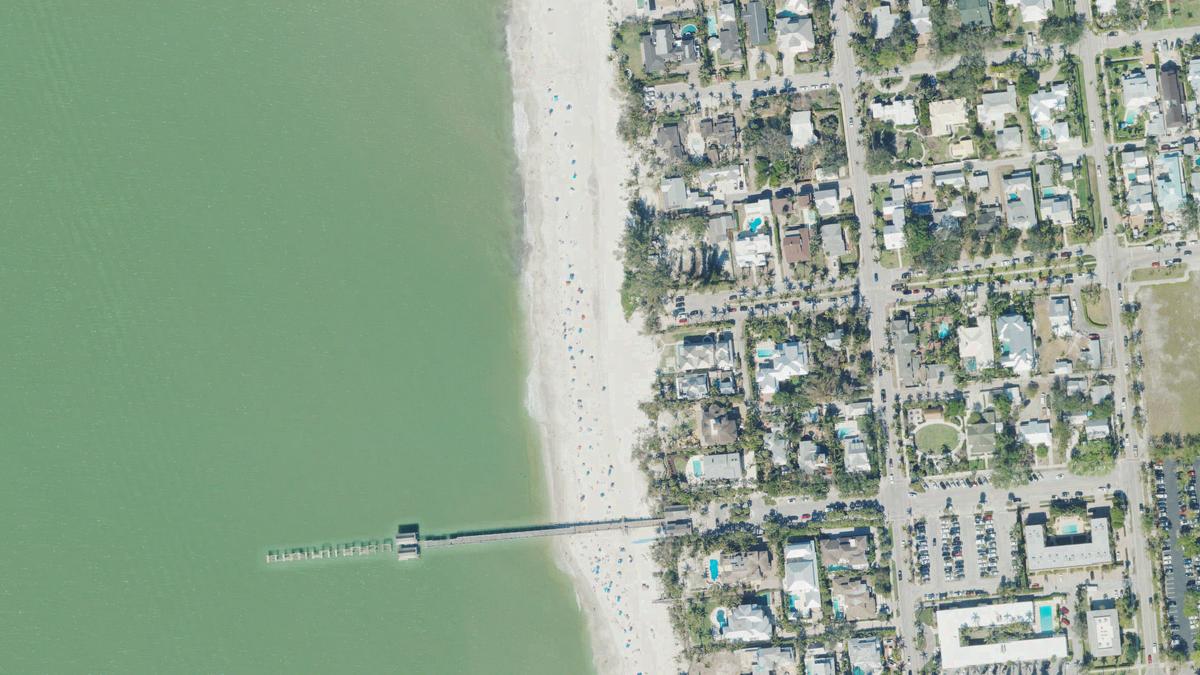Aerial view of Broad Avenue South Beach in Naples, Florida, shoreline and surroundings, USDA NAIP imagery from May 2023