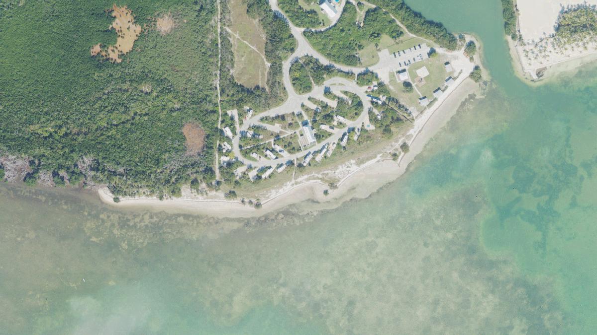 Aerial view of Campground Beach in Marathon, Florida, shoreline and surroundings, USDA NAIP imagery from May 2023