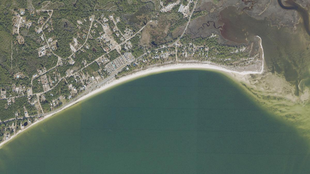 Aerial view of Carabelle Beach in Florida, shoreline and surroundings, USDA NAIP imagery from May 2023