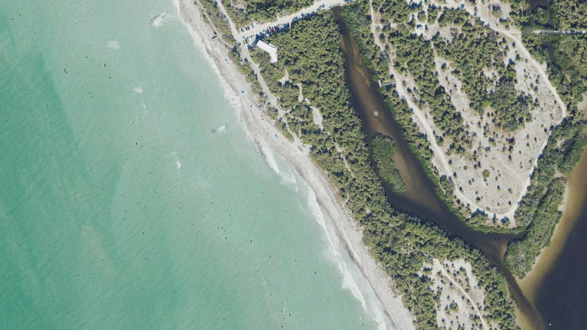 Aerial view of Caspersen Beach in Venice, Florida, shoreline and surroundings, USDA NAIP imagery from May 2023
