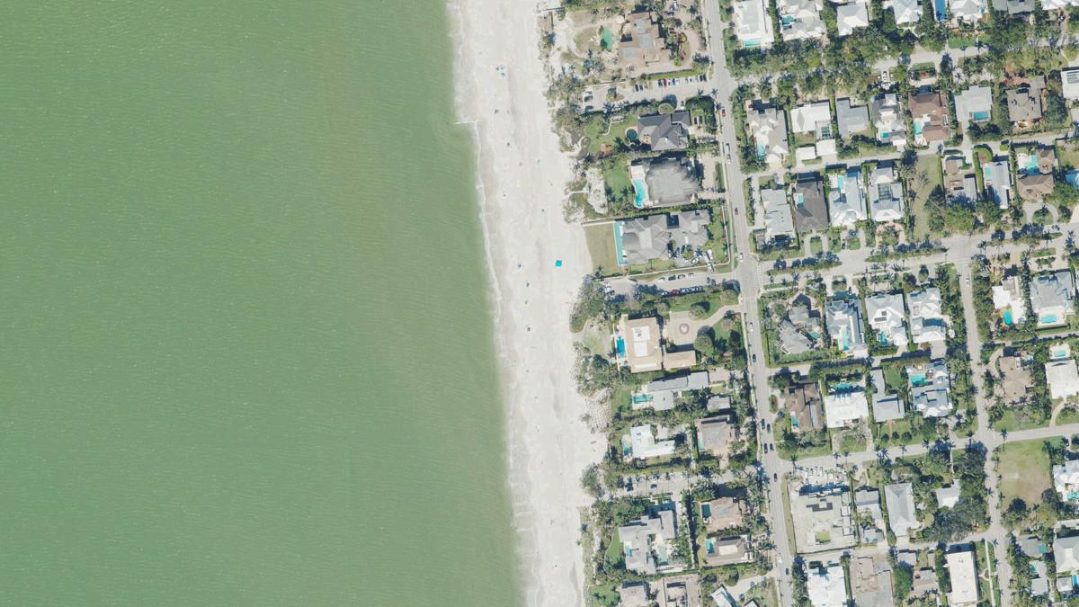 Aerial view of Central Avenue Beach in Naples, Florida, shoreline and surroundings, USDA NAIP imagery from May 2023