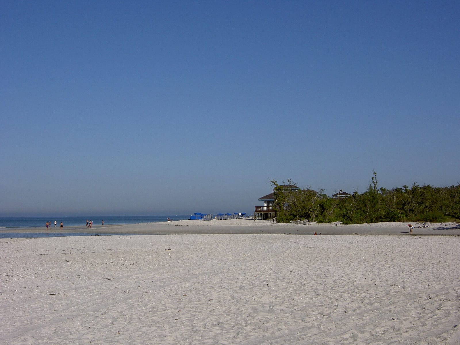 Clam Pass Beach: wide sandy beach with shallow water, mangroves, and structures in distance