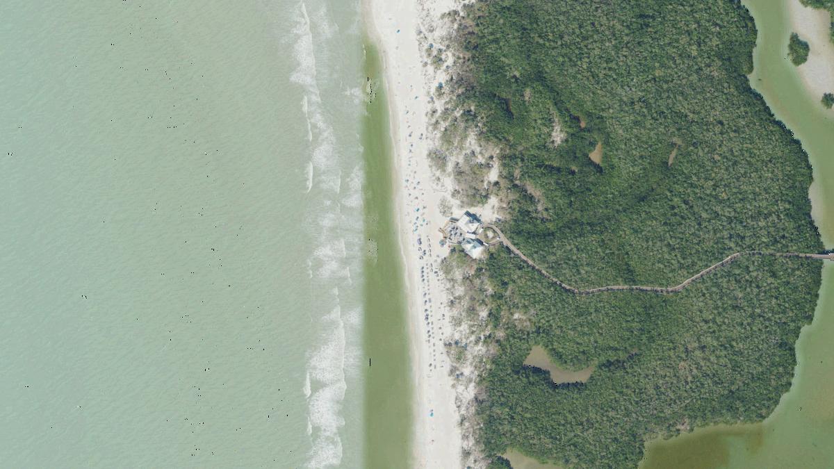 Aerial view of Clam Pass Beach in Naples, Florida, shoreline and surroundings, USDA NAIP imagery from May 2023
