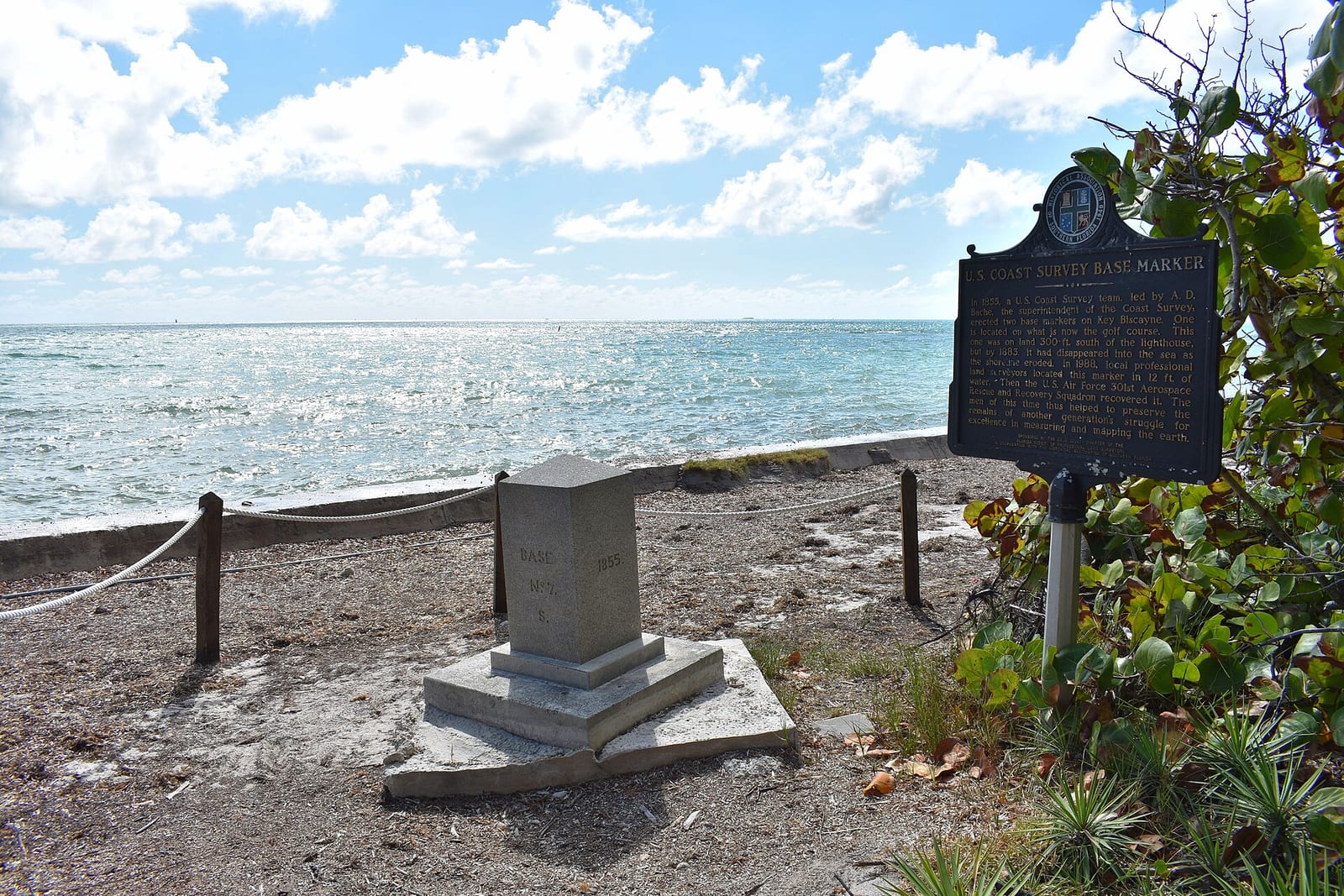 Crandon Park Beach: historical markers and beach with calm turquoise water
