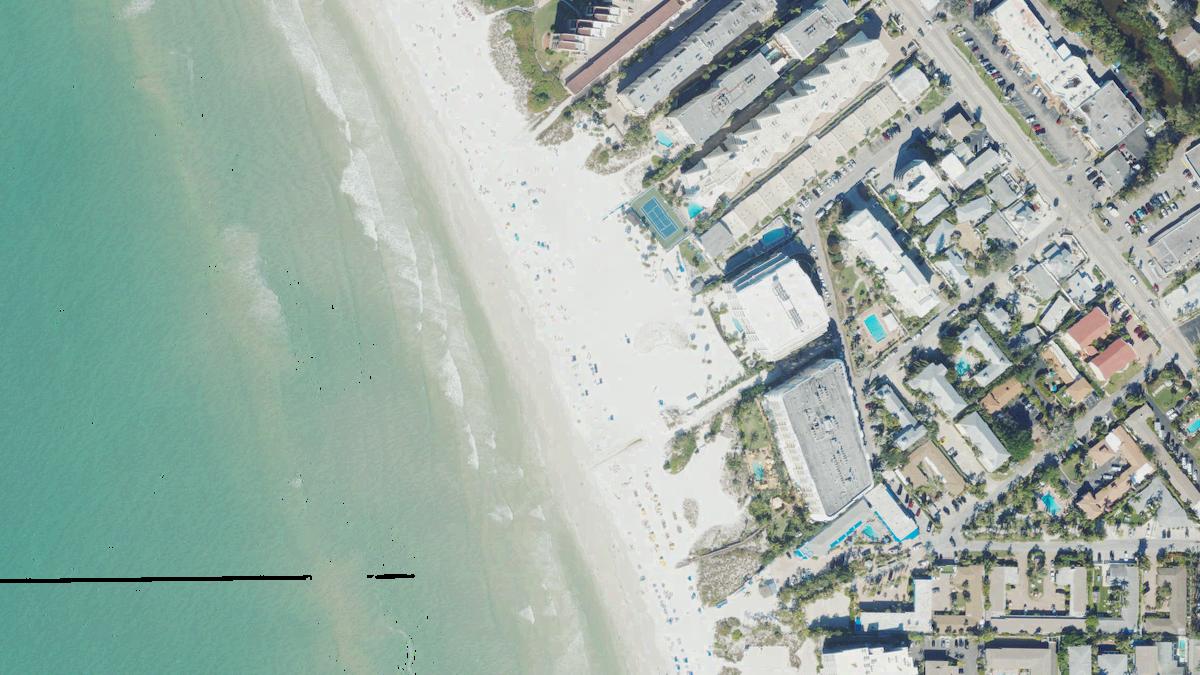 Aerial view of Cresent Beach in Siesta Key, Florida, shoreline and surroundings, USDA NAIP imagery from May 2023