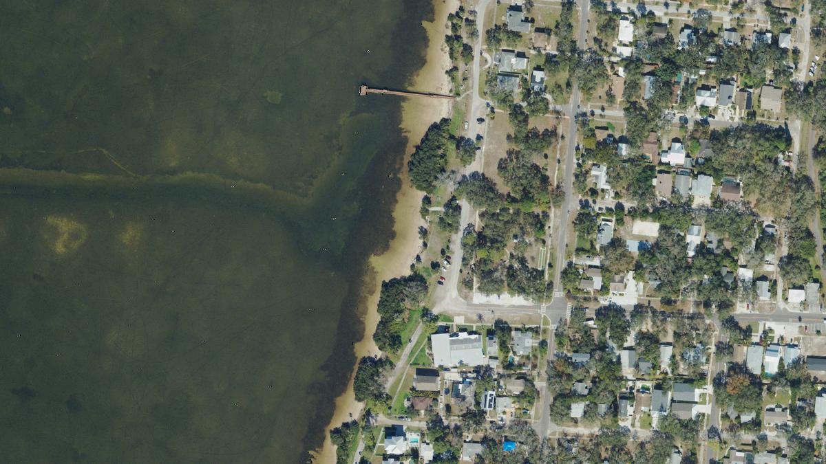 Aerial view of Crystal Beach in Dunedin, Florida, shoreline and surroundings, USDA NAIP imagery from May 2023