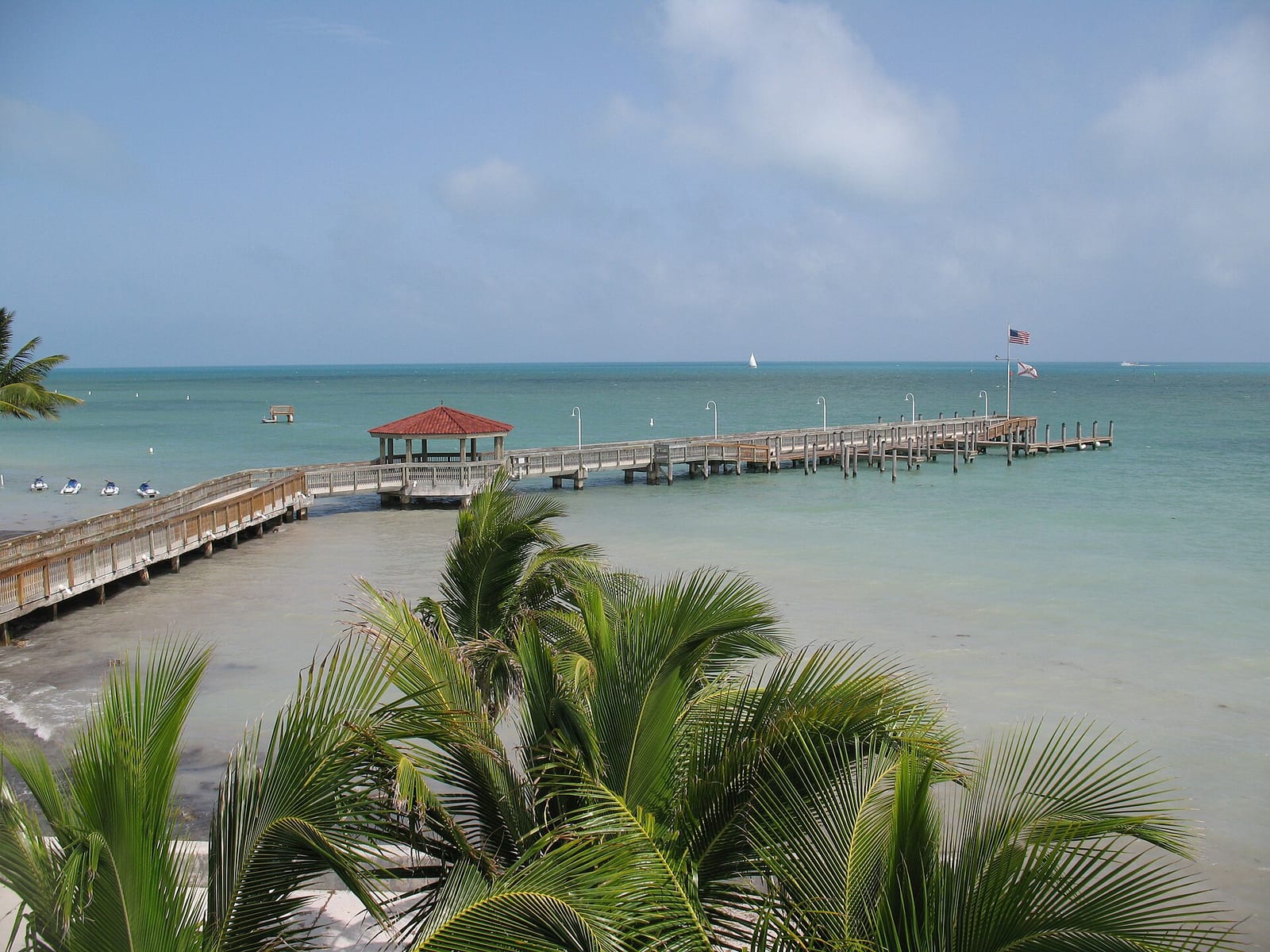 Dog Beach: pier with pavilion extending into turquoise water, palm fronds foreground