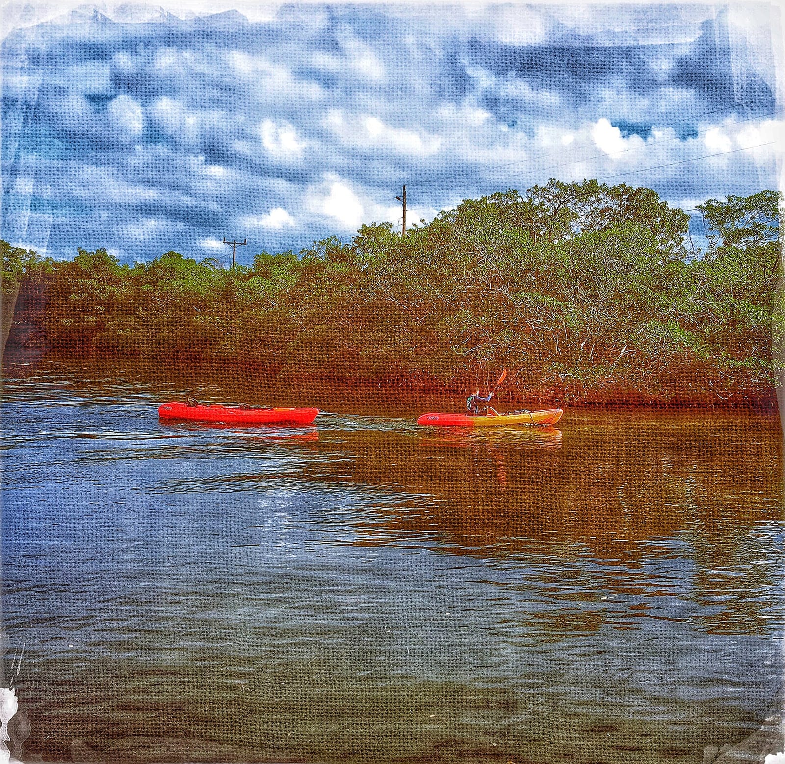 Far Beach: red kayaks moored in mangrove-lined waterway under cloudy sky