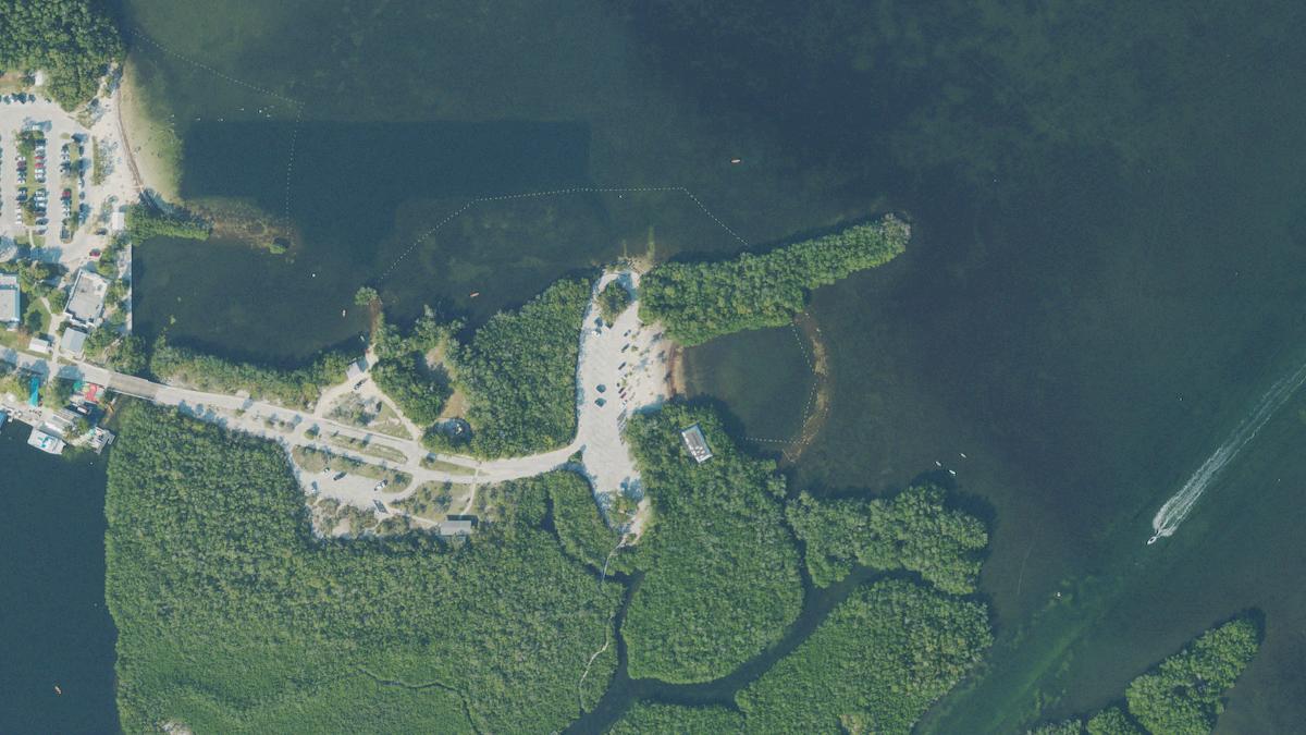 Aerial view of Far Beach in Key Largo, Florida, shoreline and surroundings, USDA NAIP imagery from May 2023