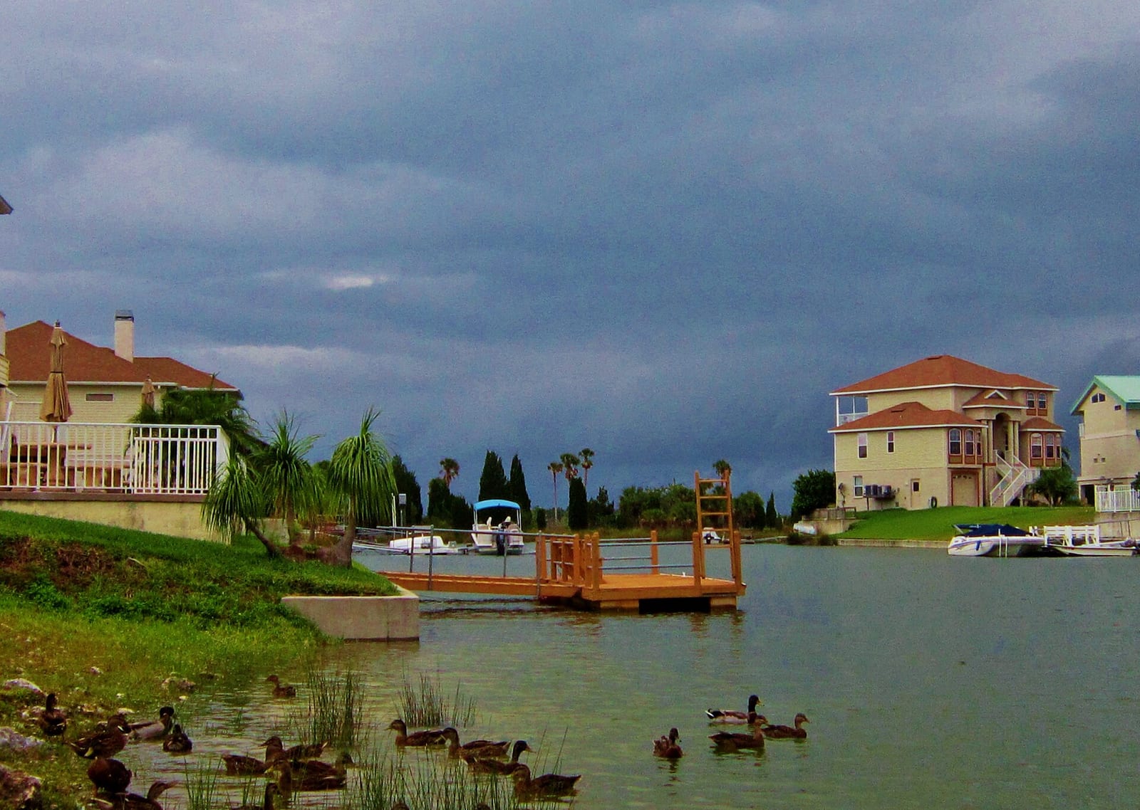 Hernando Beach: waterfront homes, dock, boats, ducks, grassy bank, cloudy sky