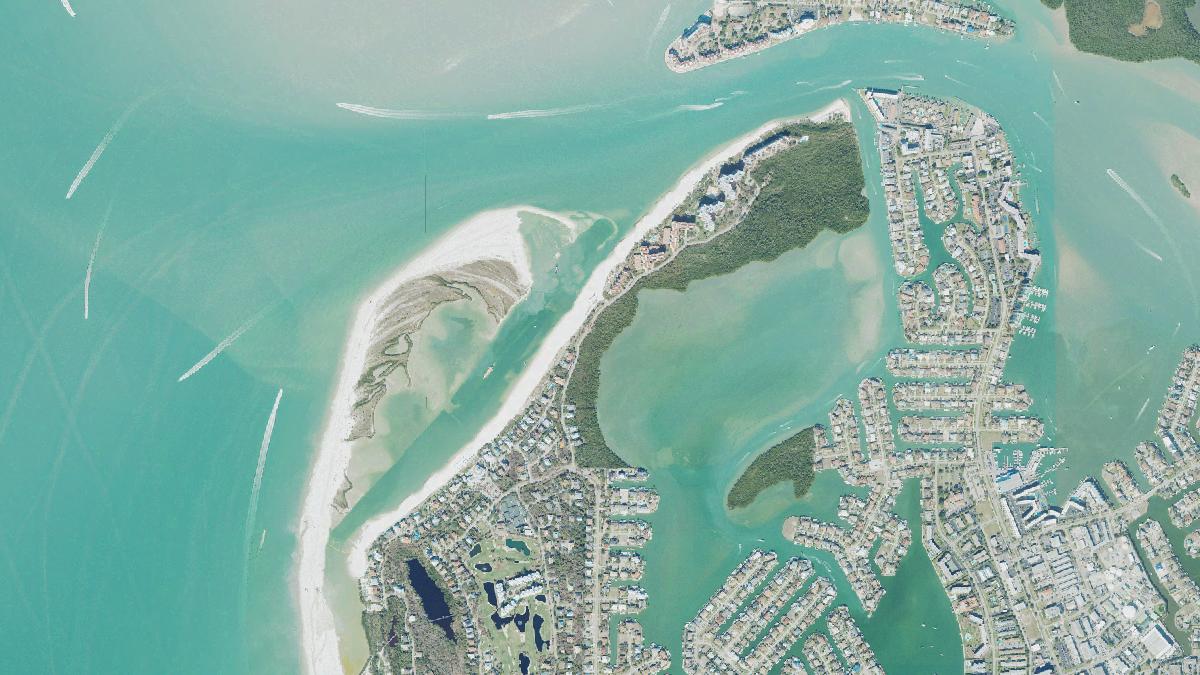 Aerial view of Hideaway Beach in Marco Island, Florida, shoreline and surroundings, USDA NAIP imagery from May 2023