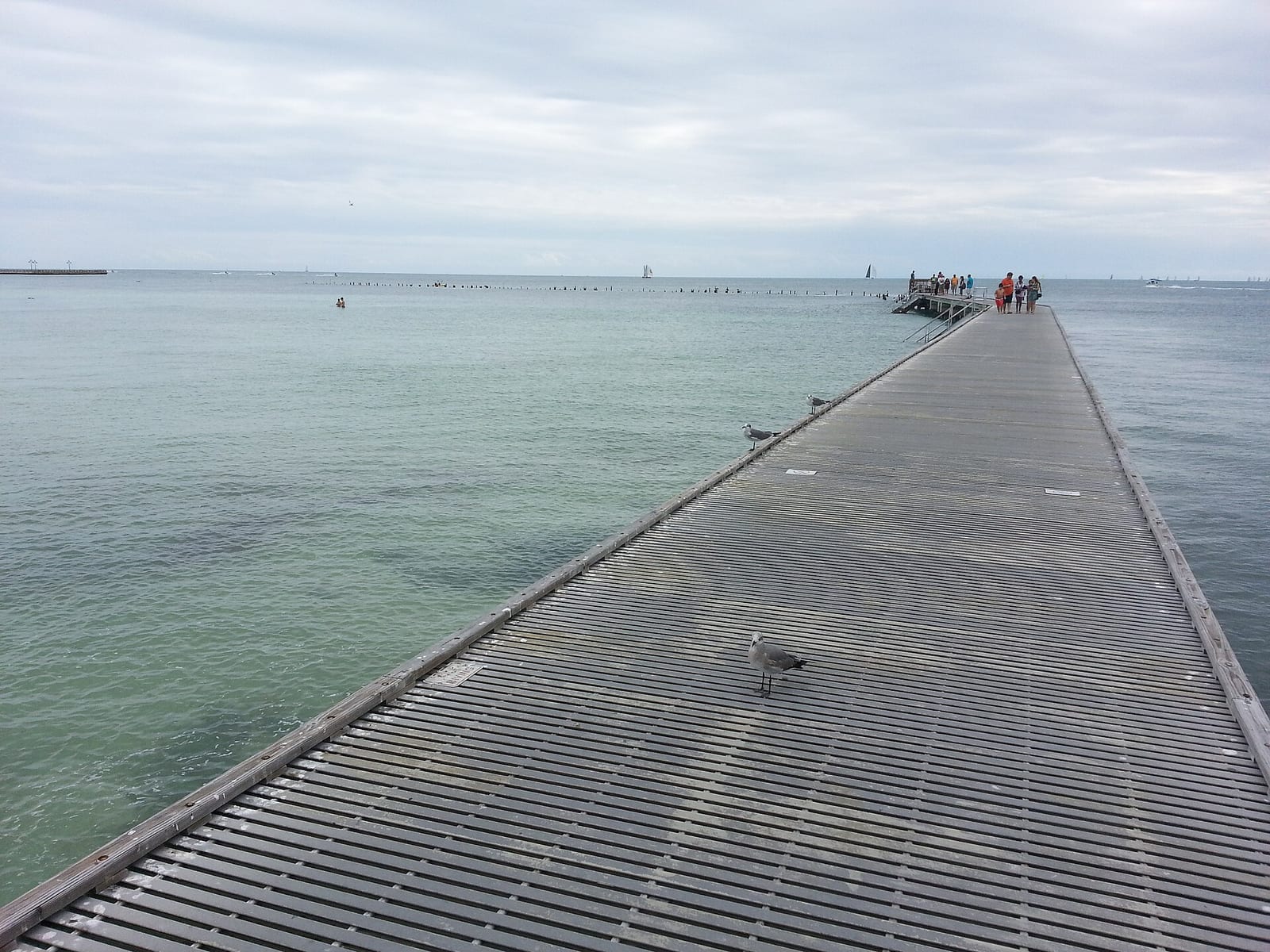 Higgs Beach: long wooden pier extending into turquoise water with distant people