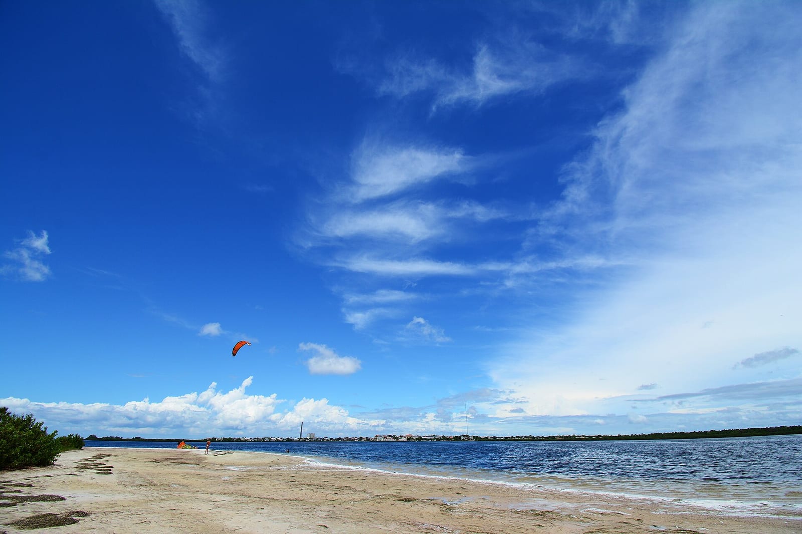 Howard Park Beach: sandy beach with calm water, kite flyer, vegetation, distant buildings