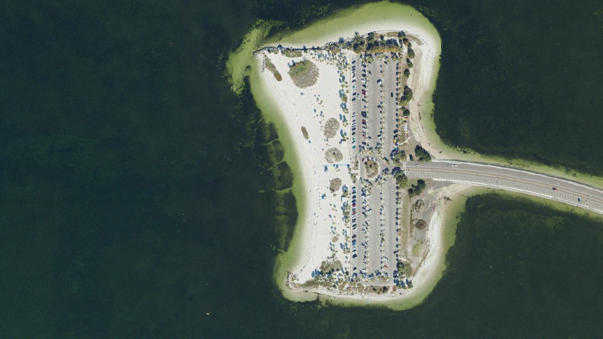Aerial view of Howard Park Beach in Tarpon Springs, Florida, shoreline and surroundings, USDA NAIP imagery from May 2023