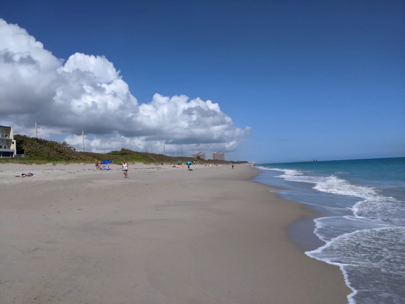 Juno Beach: sandy beach with waves, dunes, scattered beachgoers, buildings, blue sky