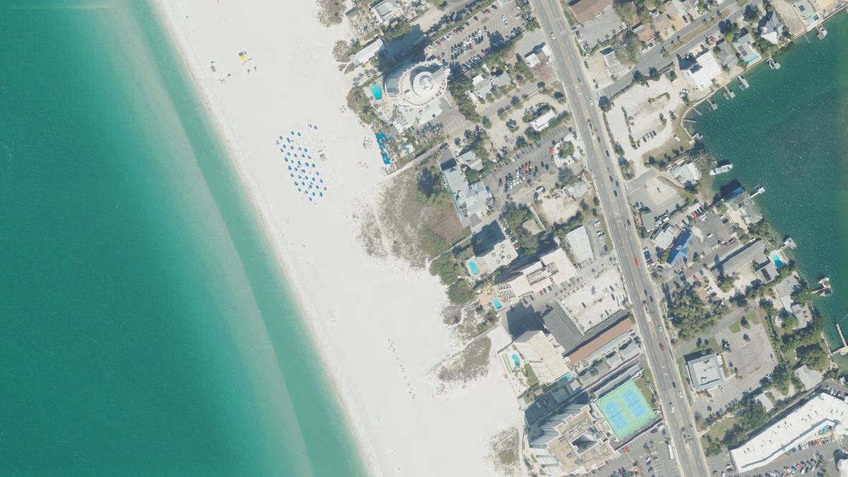Aerial view of Lido Beach in St. Pete Beach, Florida, shoreline and surroundings, USDA NAIP imagery from May 2023