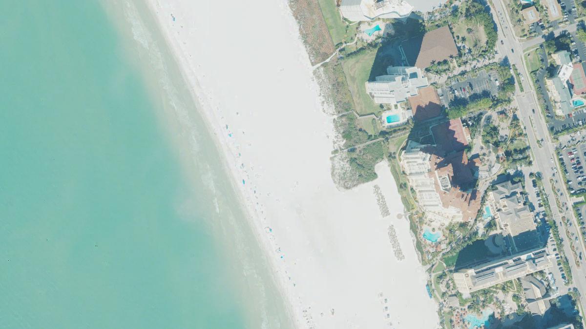 Aerial view of Marriott Beach in Marco Island, Florida, shoreline and surroundings, USDA NAIP imagery from May 2023