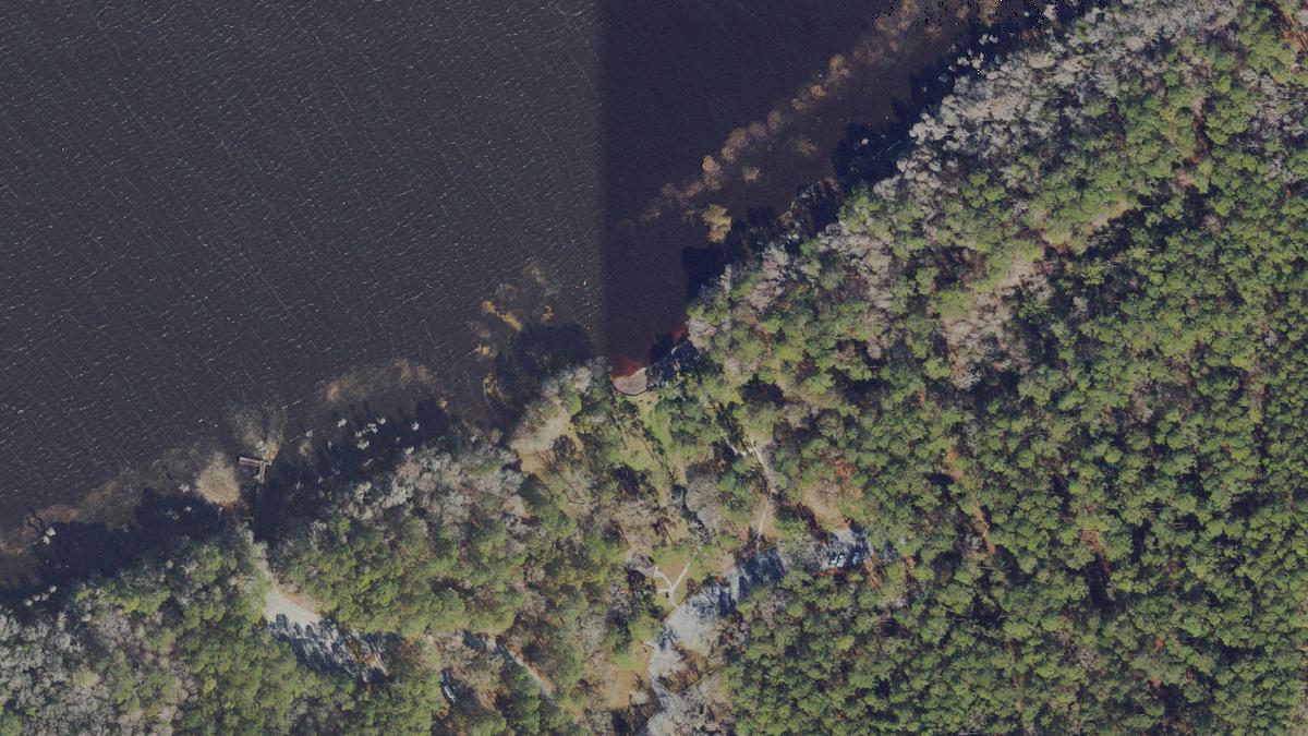 Aerial view of Olustee Beach in Florida, shoreline and surroundings, USDA NAIP imagery from May 2023