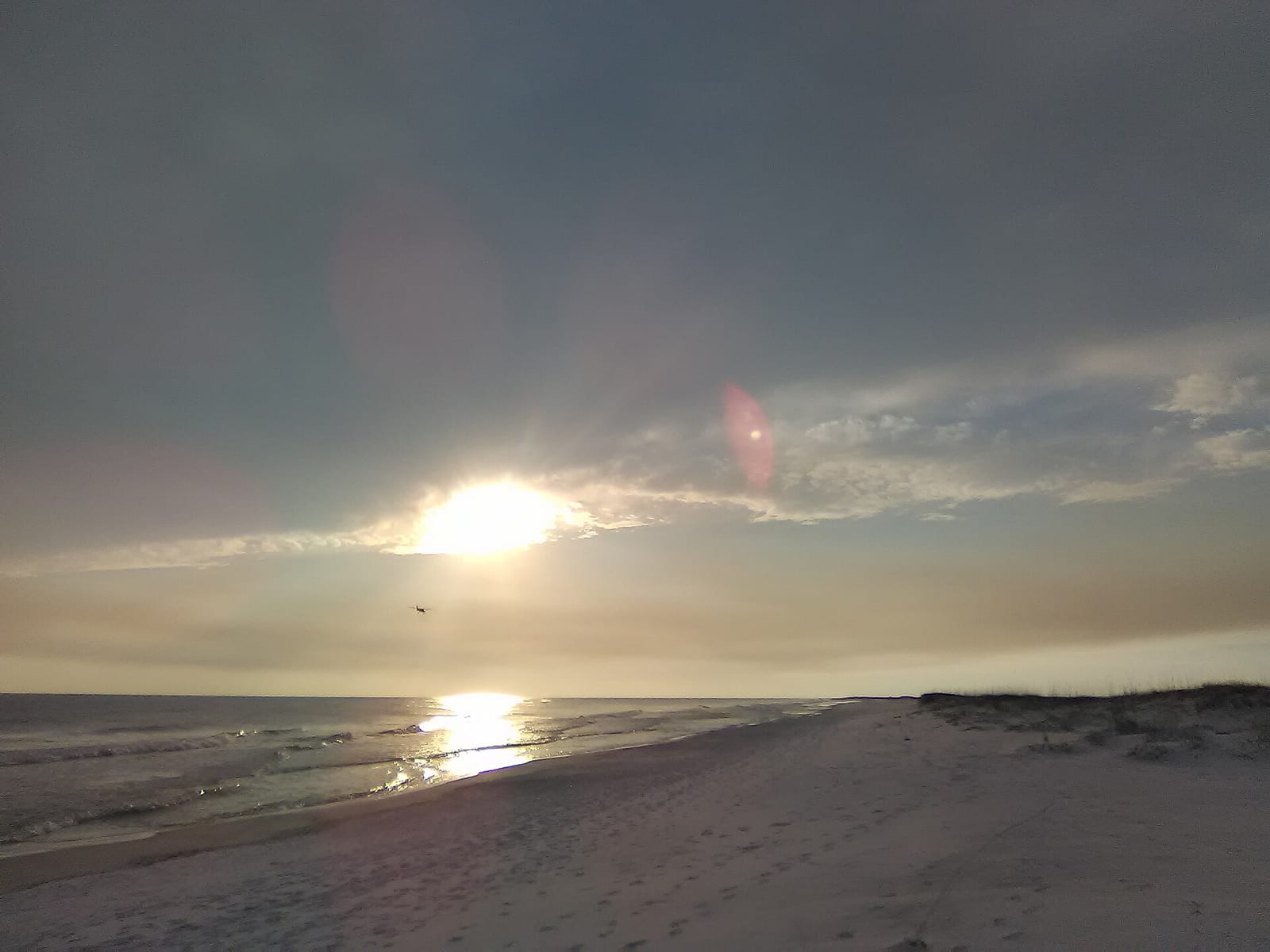 Park West On-Leash Dog Beach: sandy beach at sunset with ocean, sky, and distant dunes visible