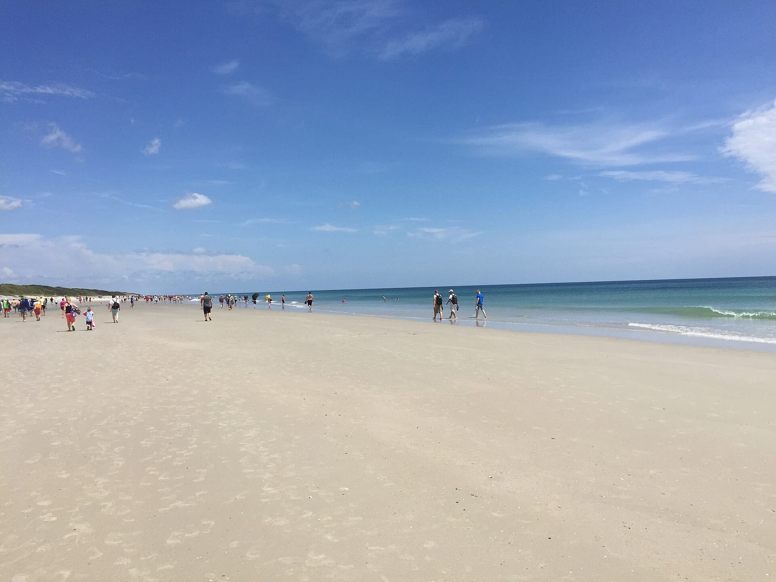 Playalinda Beach (Nudist Area): sandy beach with ocean, swimmers, and clear blue sky