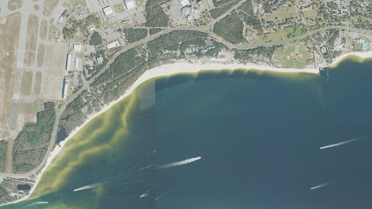 Aerial view of San Carlos Beach in Pensacola, Florida, shoreline and surroundings, USDA NAIP imagery from May 2023