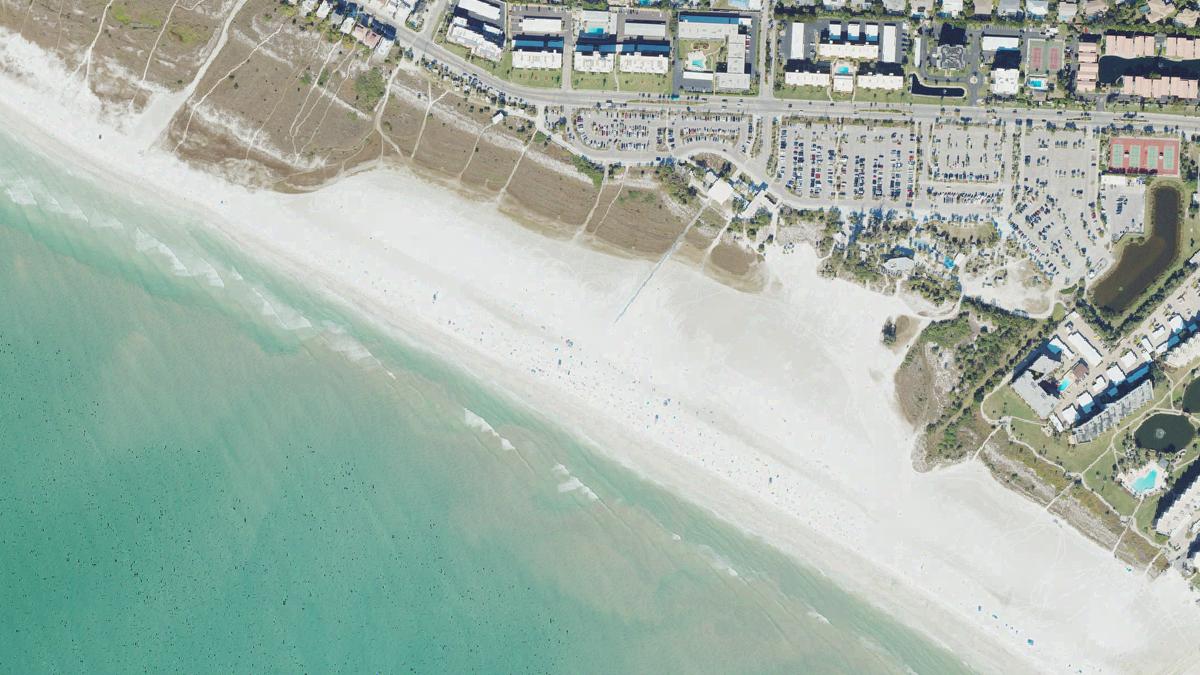 Aerial view of Siesta Beach in Siesta Key, Florida, shoreline and surroundings, USDA NAIP imagery from May 2023