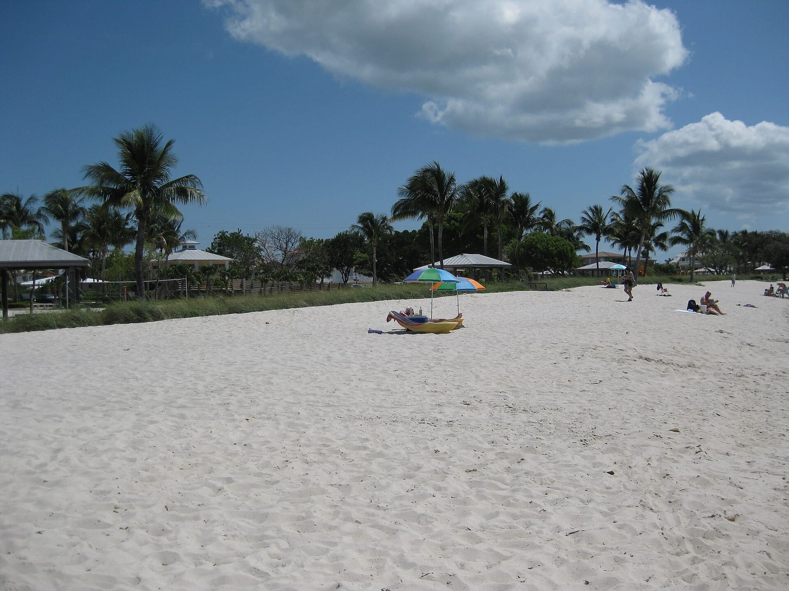 Sombrero Beach: sandy beach with palm trees, umbrellas, and scattered beachgoers