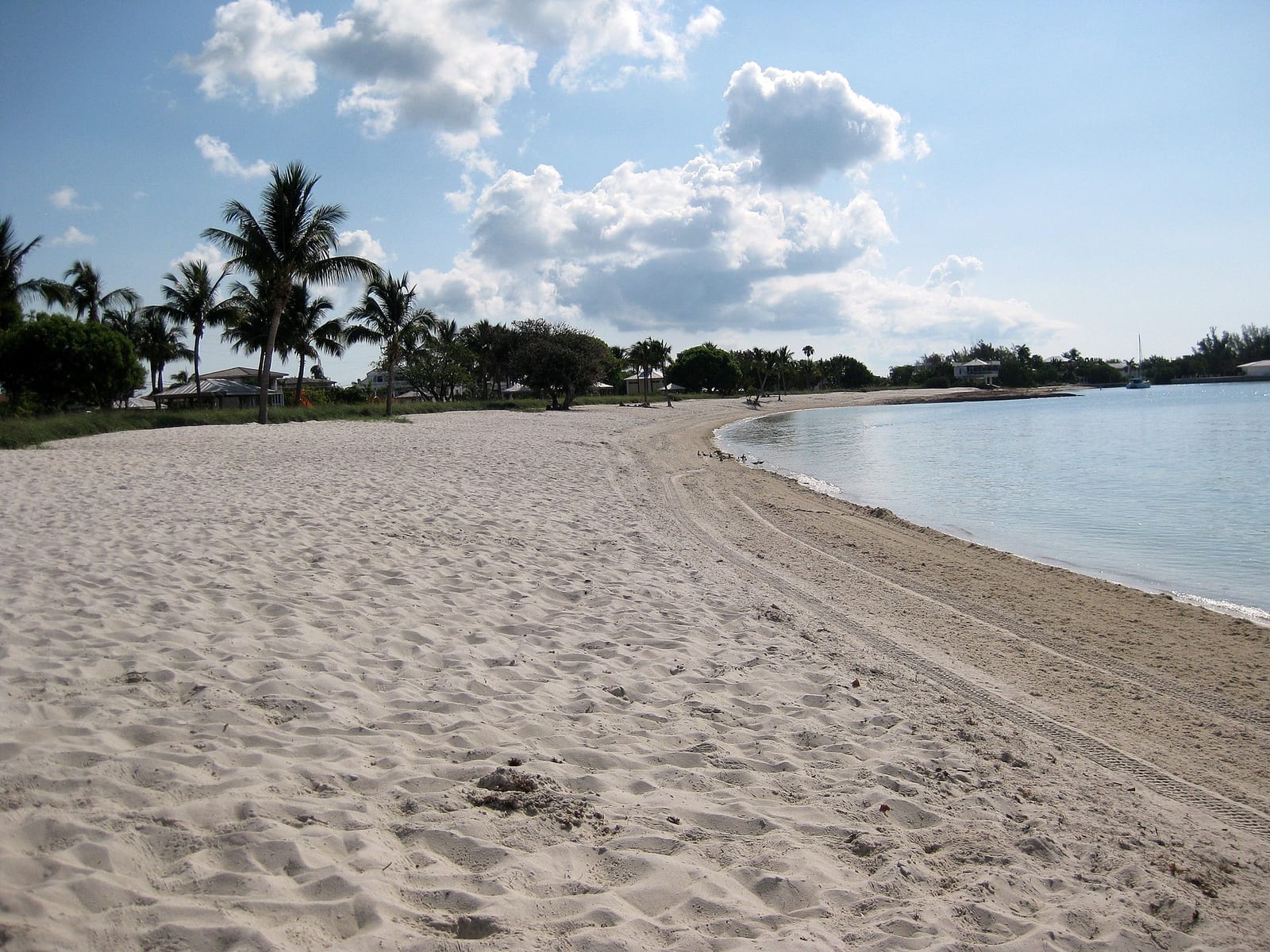 Sombrero Beach: sandy beach with palm trees, calm water, and cloudy sky