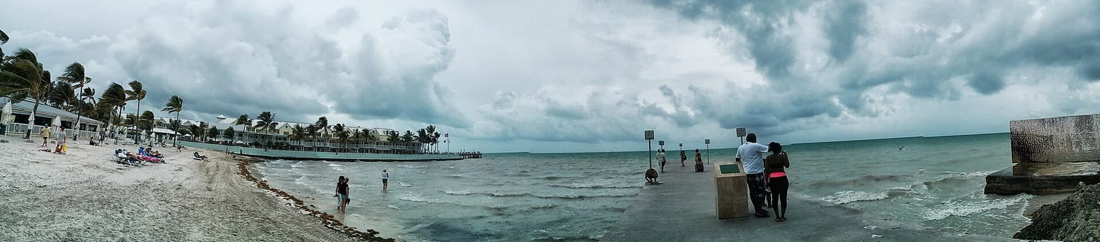 South Beach: beach with swimmers, buildings, palm trees, cloudy sky, pier