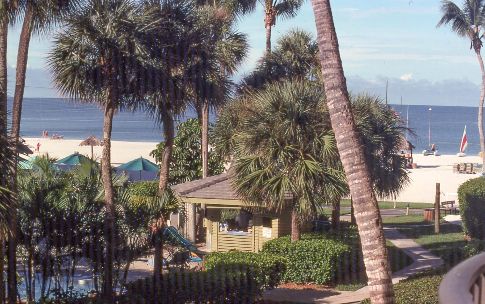South Marco Beach: beach resort with palm trees, cabanas, sailboats, and sandy shore