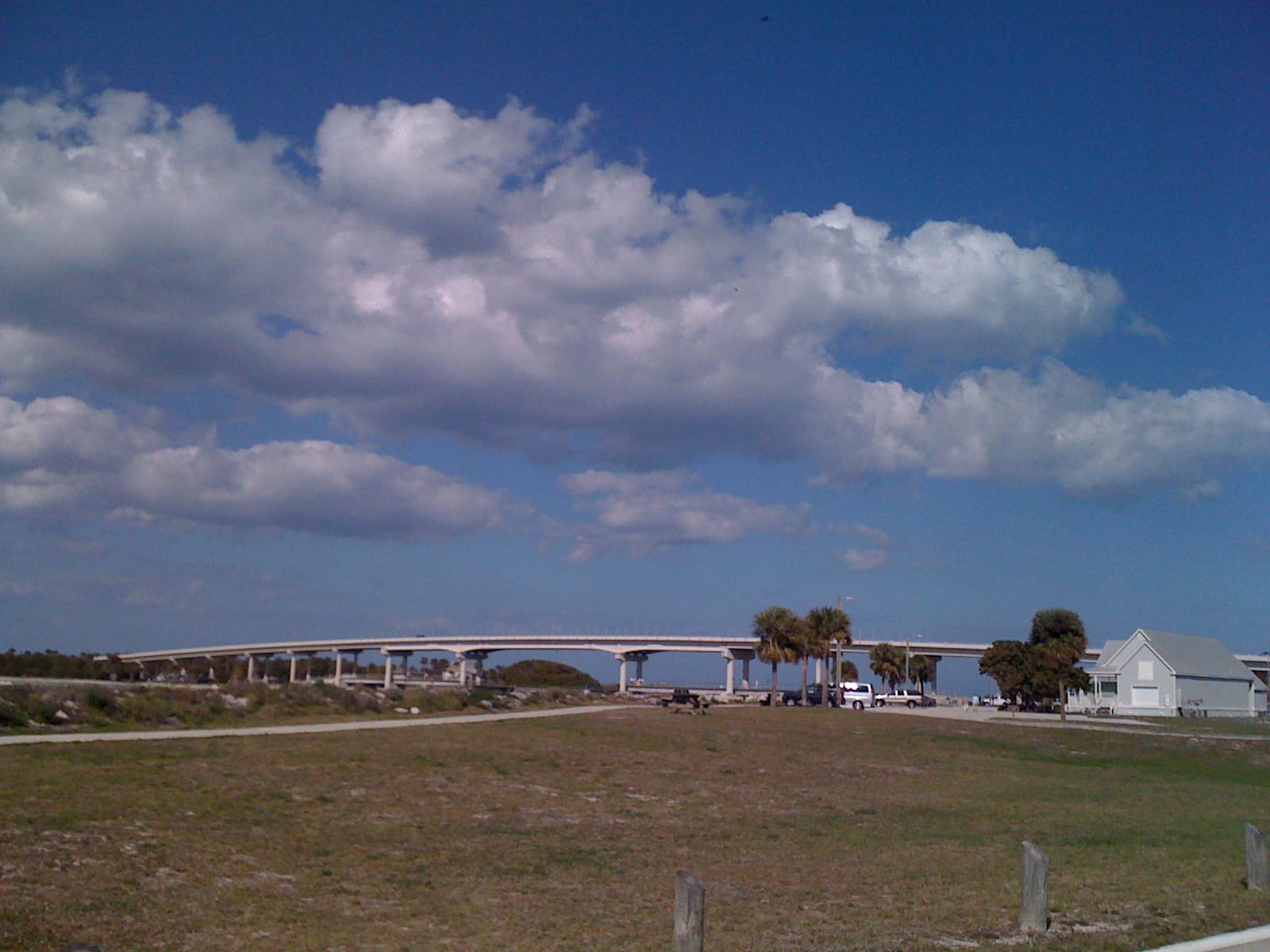 Tidal Cove Beach: bridge over water with palm trees, grass field, white buildings