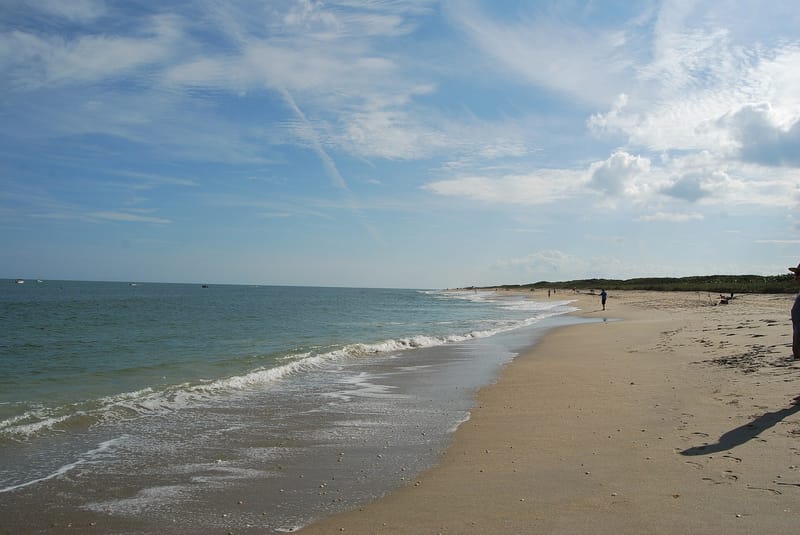Tidal Cove Beach: sandy beach with gentle waves, blue sky, few distant figures