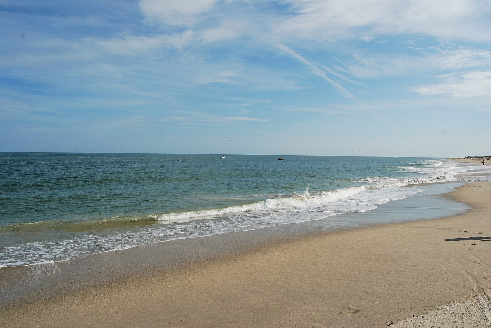 Tidal Cove Beach: sandy beach with gentle waves, blue sky, few distant boats