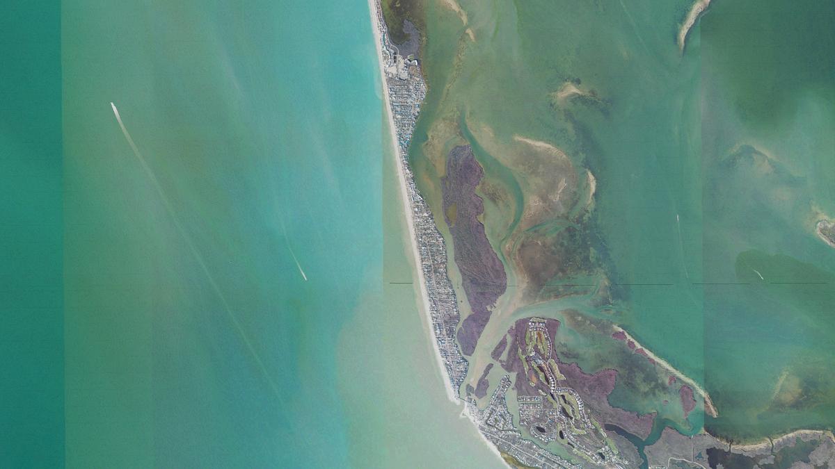 Aerial view of Turner's Beach in Sanibel, Florida, shoreline and surroundings, USDA NAIP imagery from May 2023